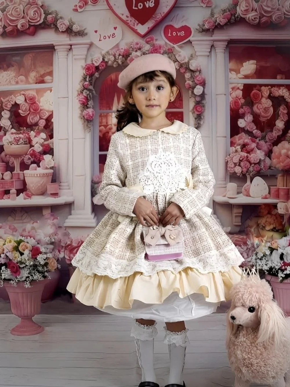 Pettigirl Autumn  Party pink plaid tweed ruffle dressscalloped Peter Pan collar